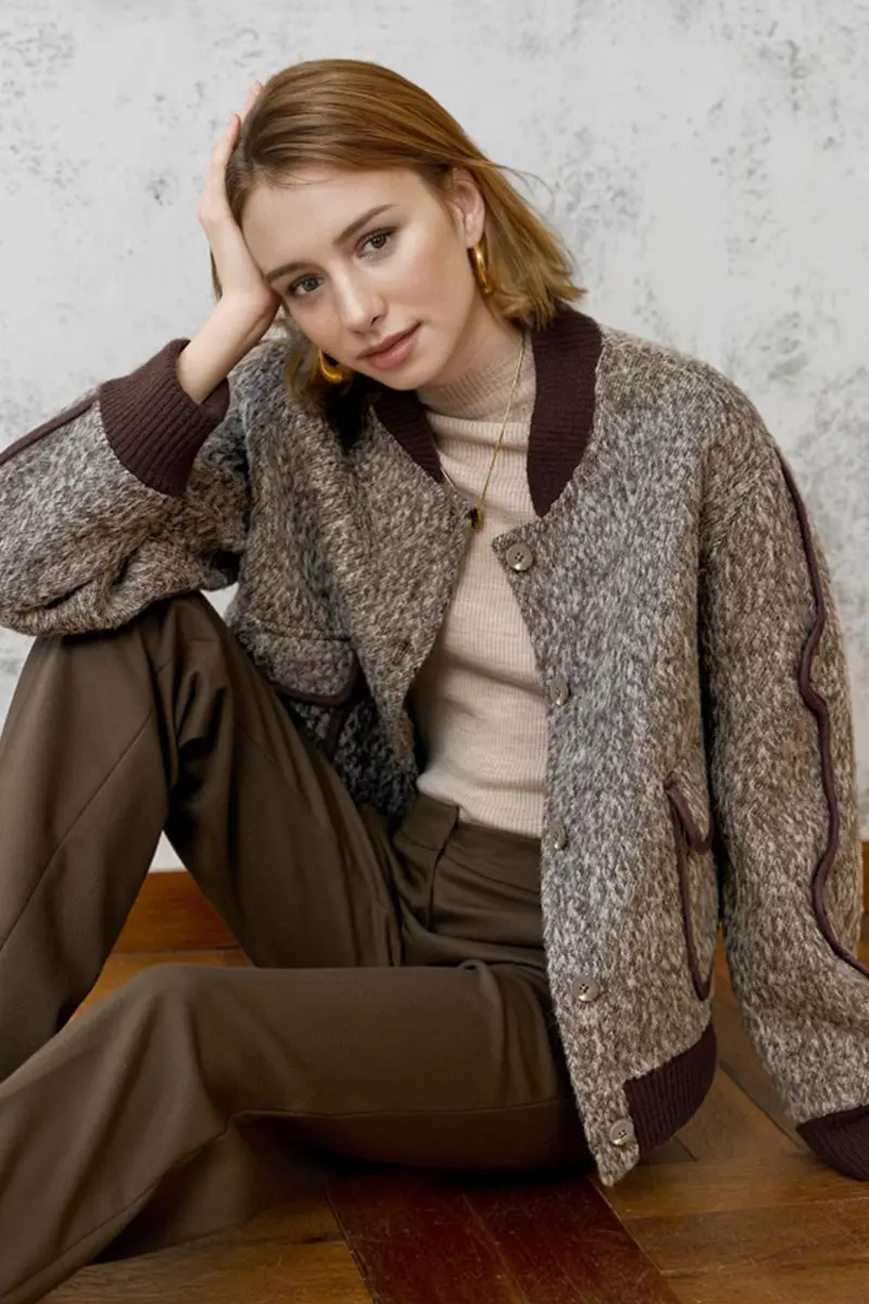 Vintage Boucle Wool Blend Button-Up Bomber Jacket - MIAOOOO