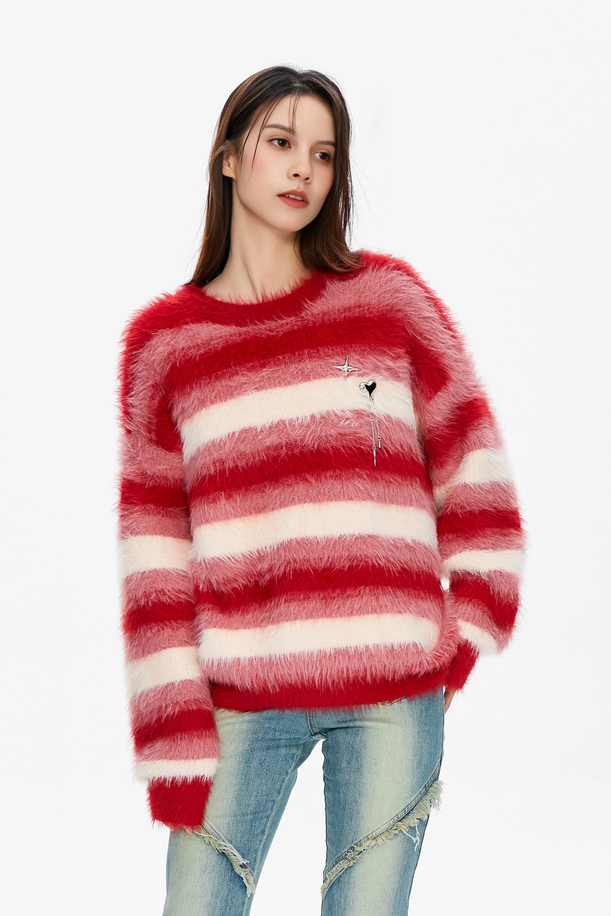 Oversized Fluffy Mimic Mink Striped Christmas Sweater - MIAOOOO