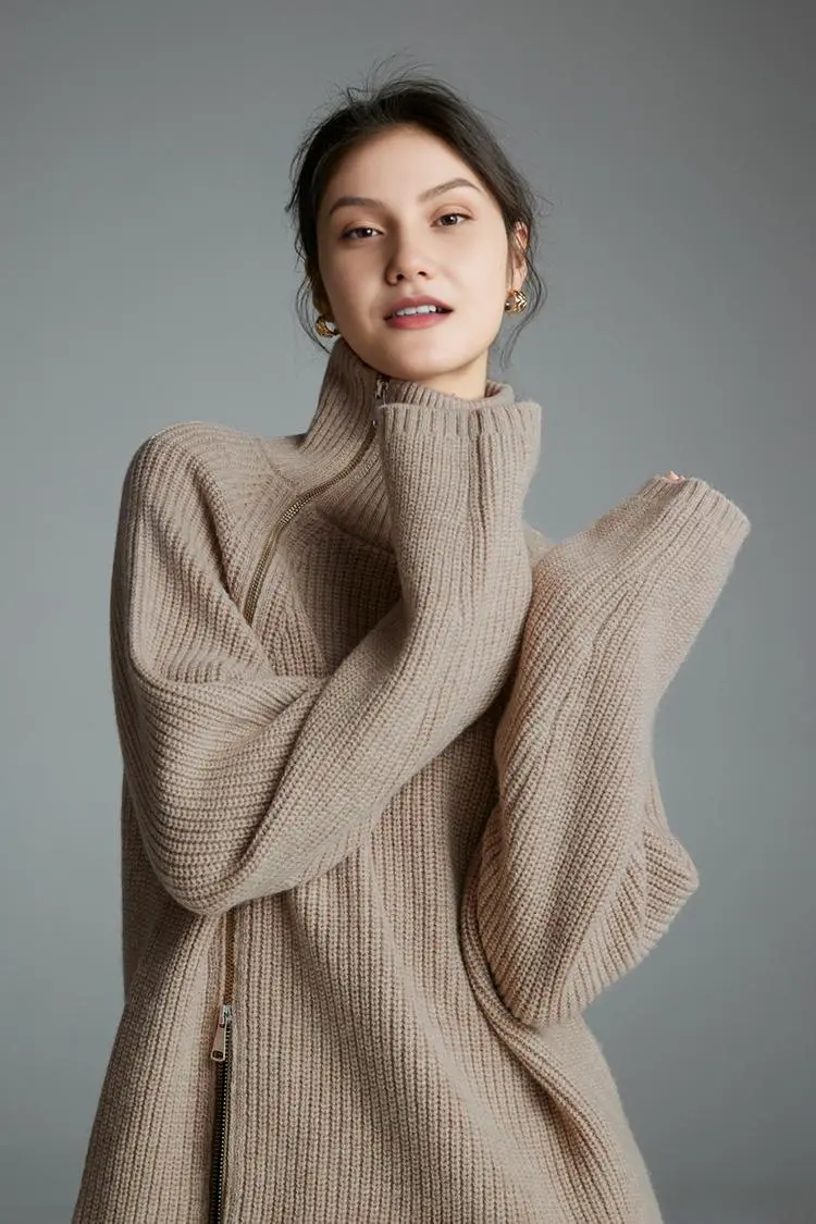 100 Wool Chunky Asymmetric Zip Turtleneck Knit Sweater - MIAOOOO