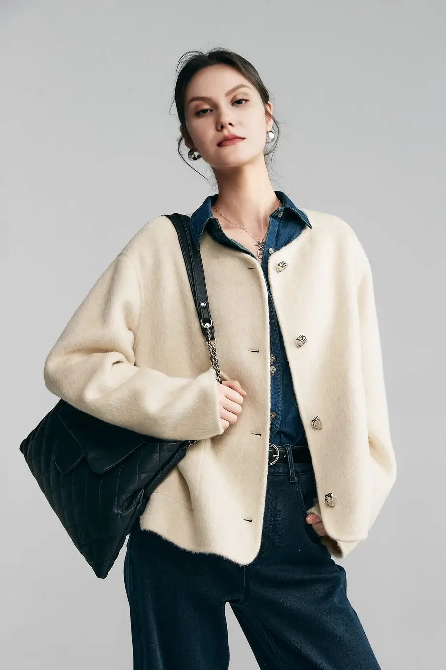 Silk Wool Blend Crewneck Cropped Jacket - MIAOOOO