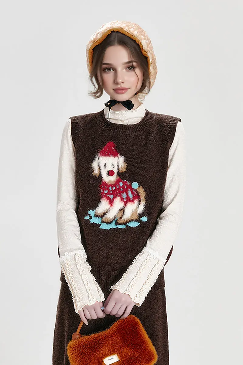 Vintage Crewneck Pullover Sweater Vest with Playful Puppy - MIAOOOO