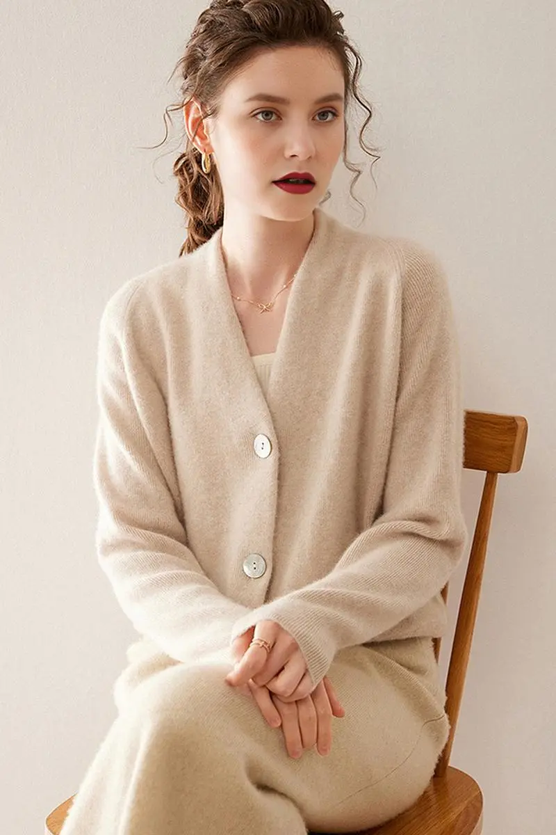 Chunky Knit 100 Cashmere V-Neck Cardigan - MIAOOOO