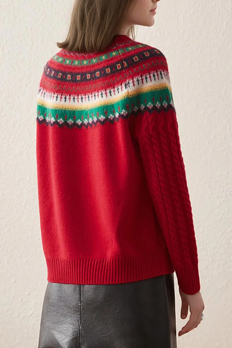 100 Cashmere Chunky Cable Knit Fair Isle Christmas Sweater - MIAOOOO