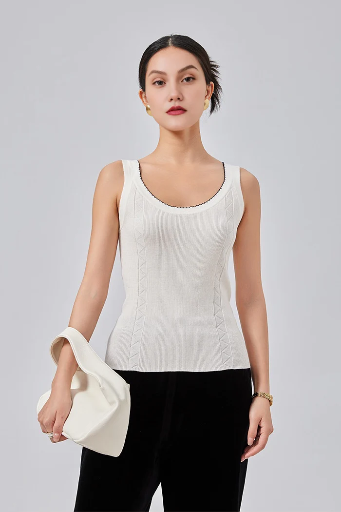White Crewneck Ribbed Silk Knit Top - MIAOOOO