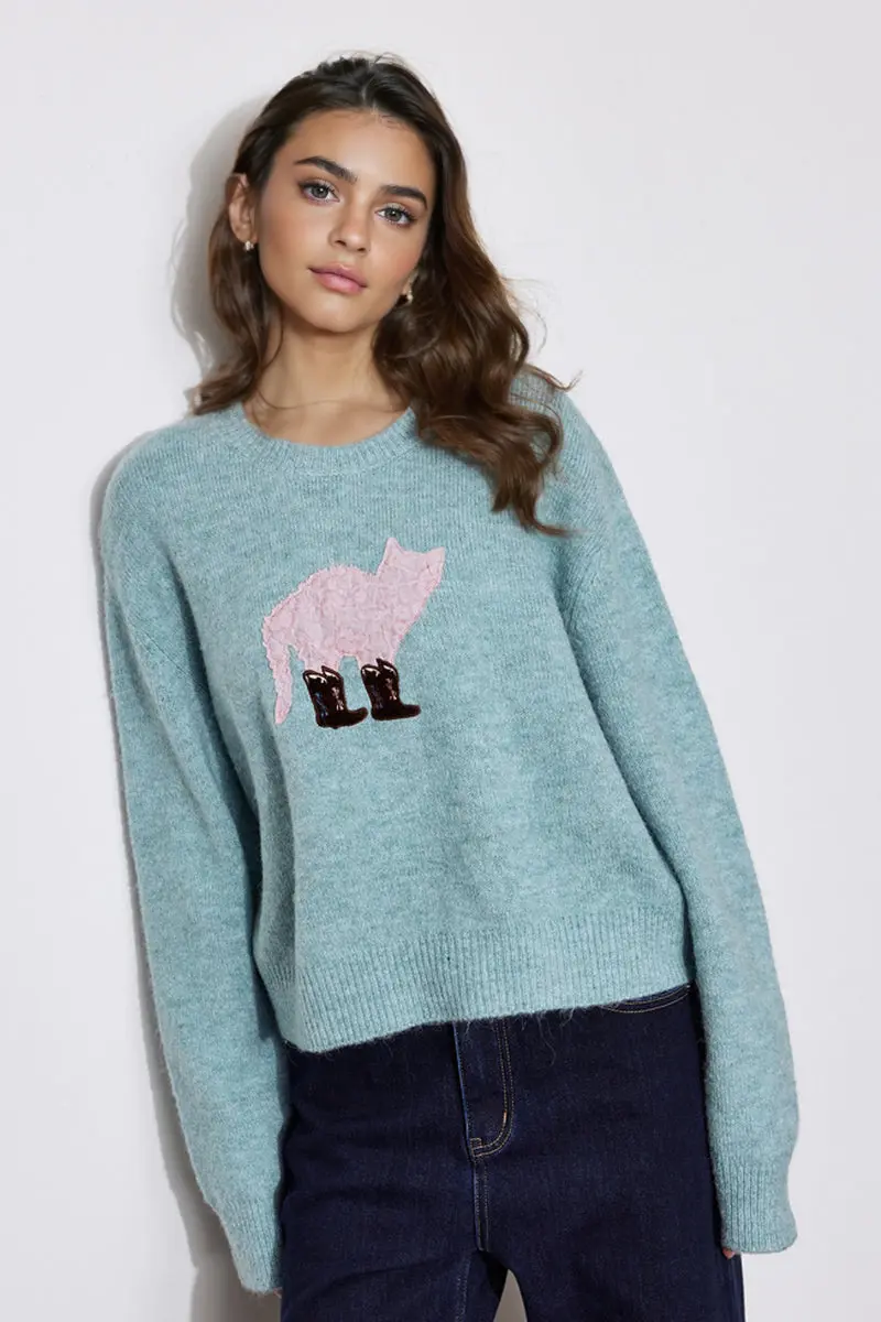 Cute Wool Blend Crewneck Pullover Sweater with Puss in Boots - MIAOOOO