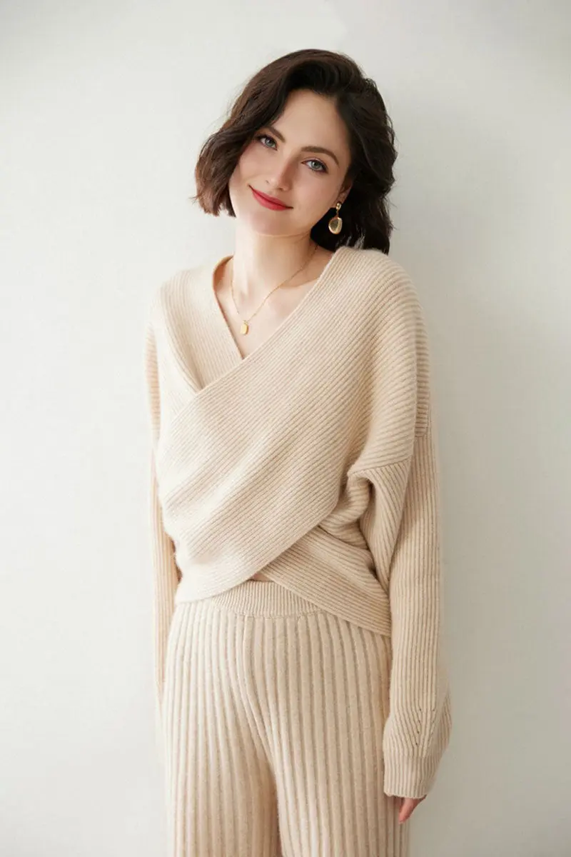 Chunky Cashmere V-Neck Ribbed Wrap Sweater - MIAOOOO