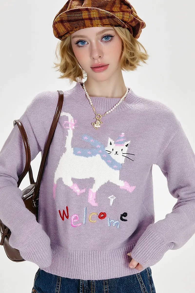 Purple Mock Neck Pullover Sweater with Joyful Puss - MIAOOOO