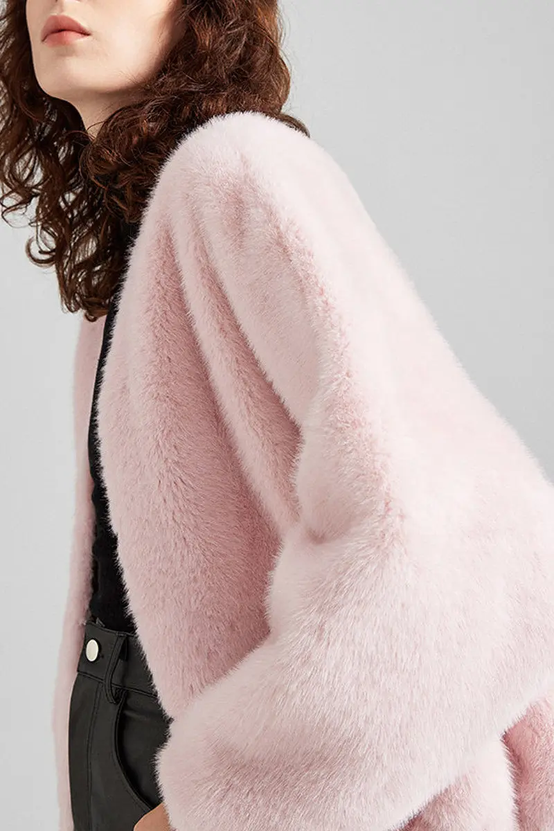Cropped V-Neck Faux Fur Jacket - MIAOOOO