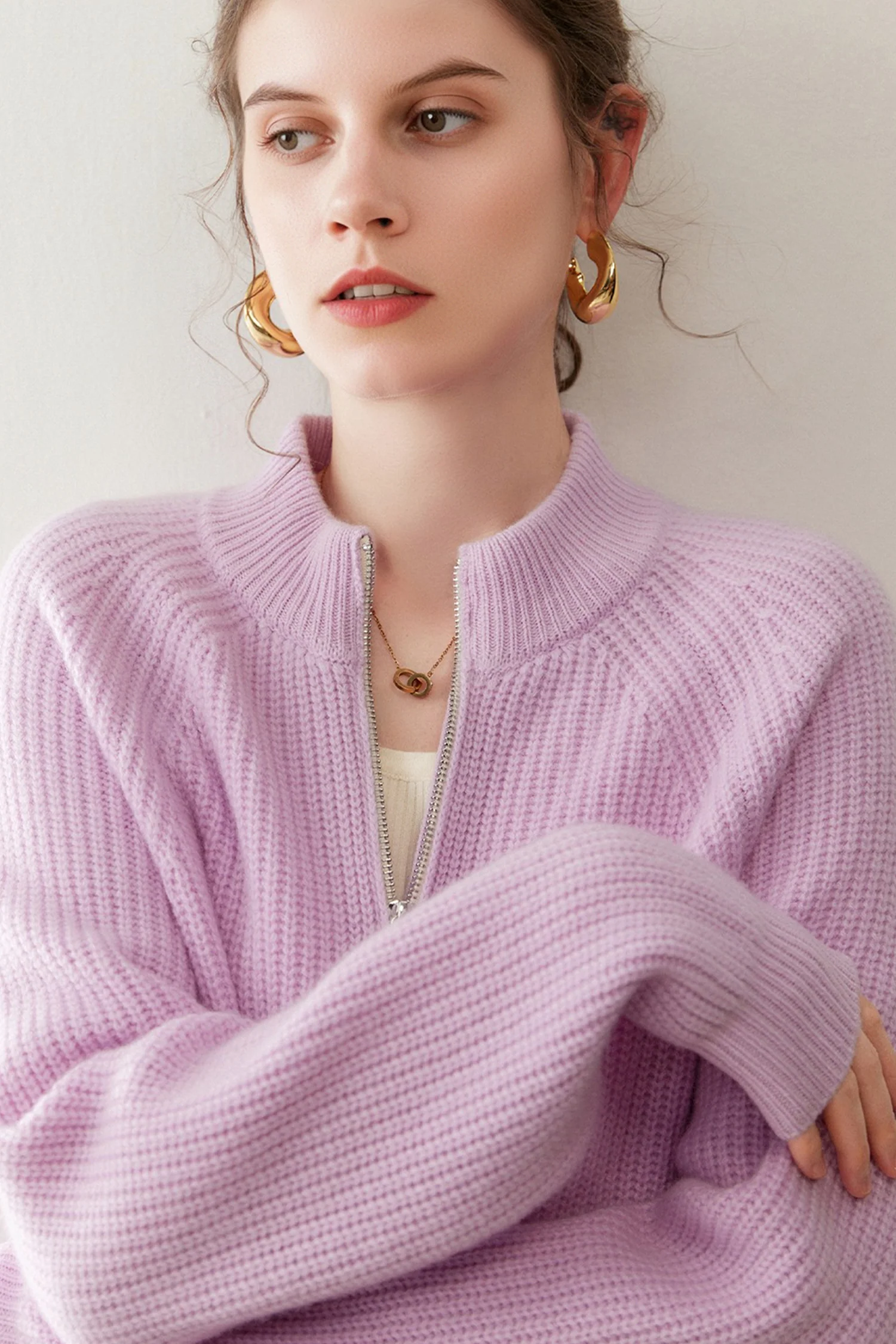 Classic Cashmere-Merino Double-Zip Stand Collar Cardigan - MIAOOOO