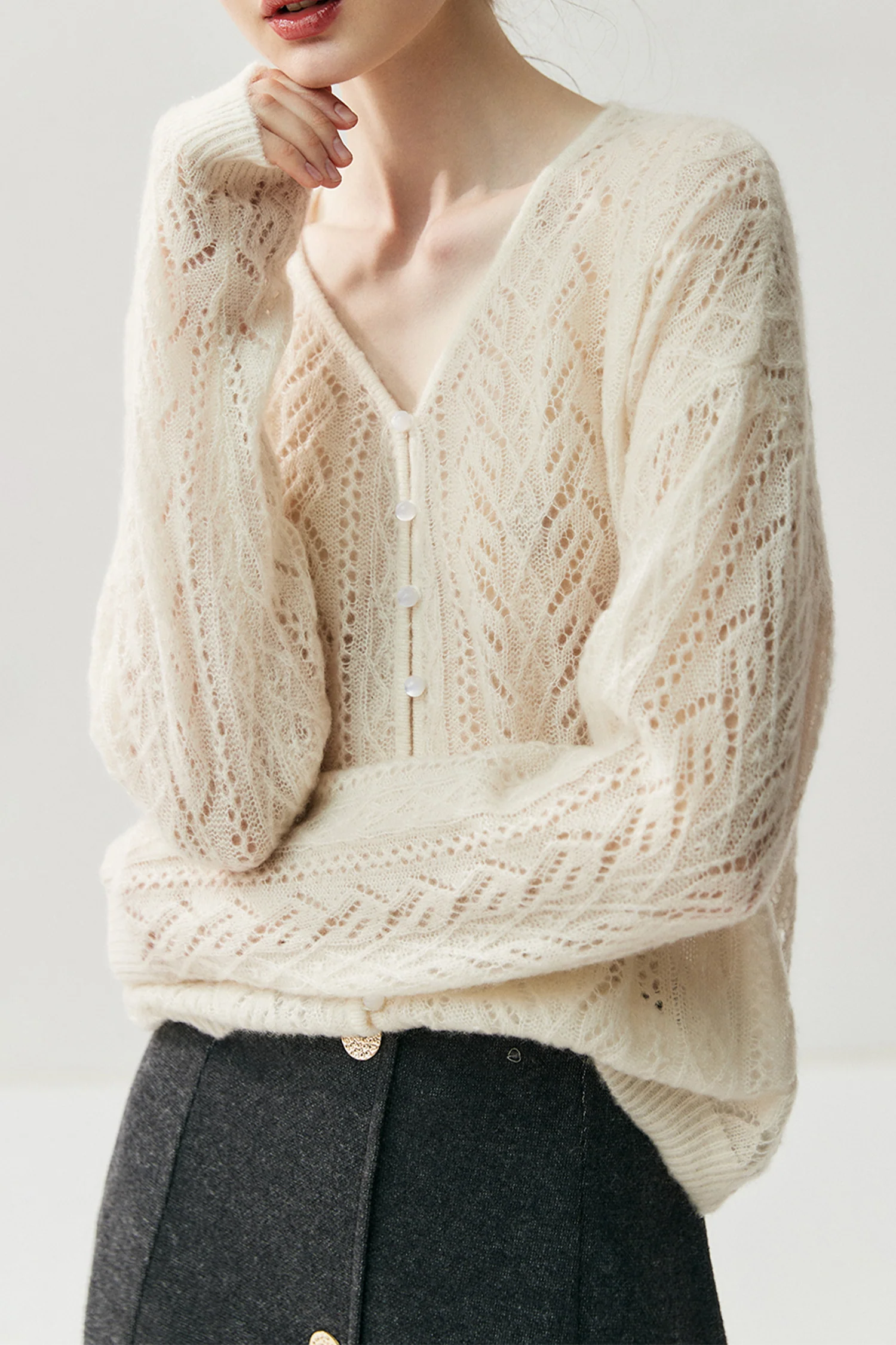 Cloud-Soft Cashmere-Silk Crochet V-Neck Cardigan - MIAOOOO