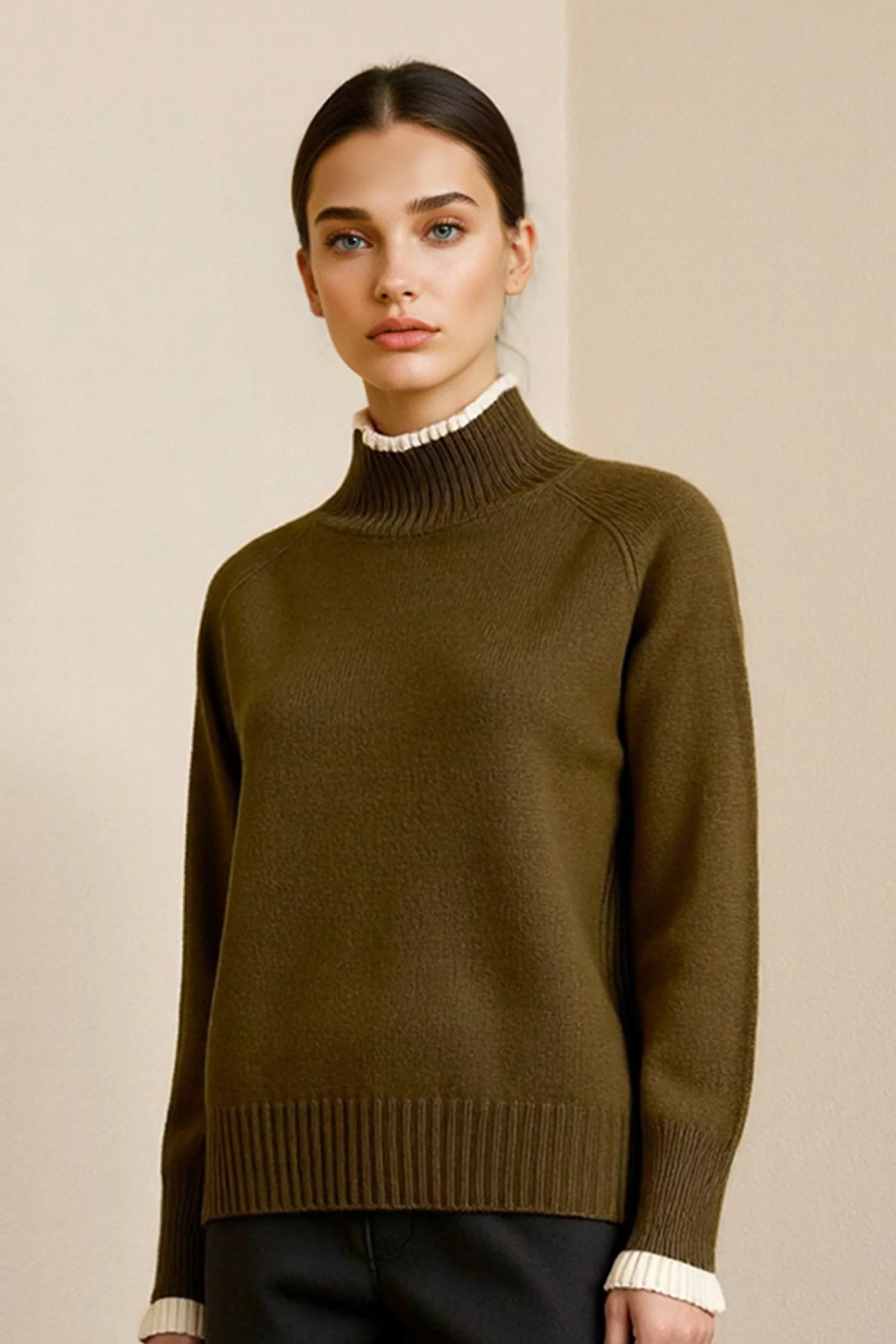 100% Wool Turtleneck Contrast-Trim Sweater - MIAOOOO
