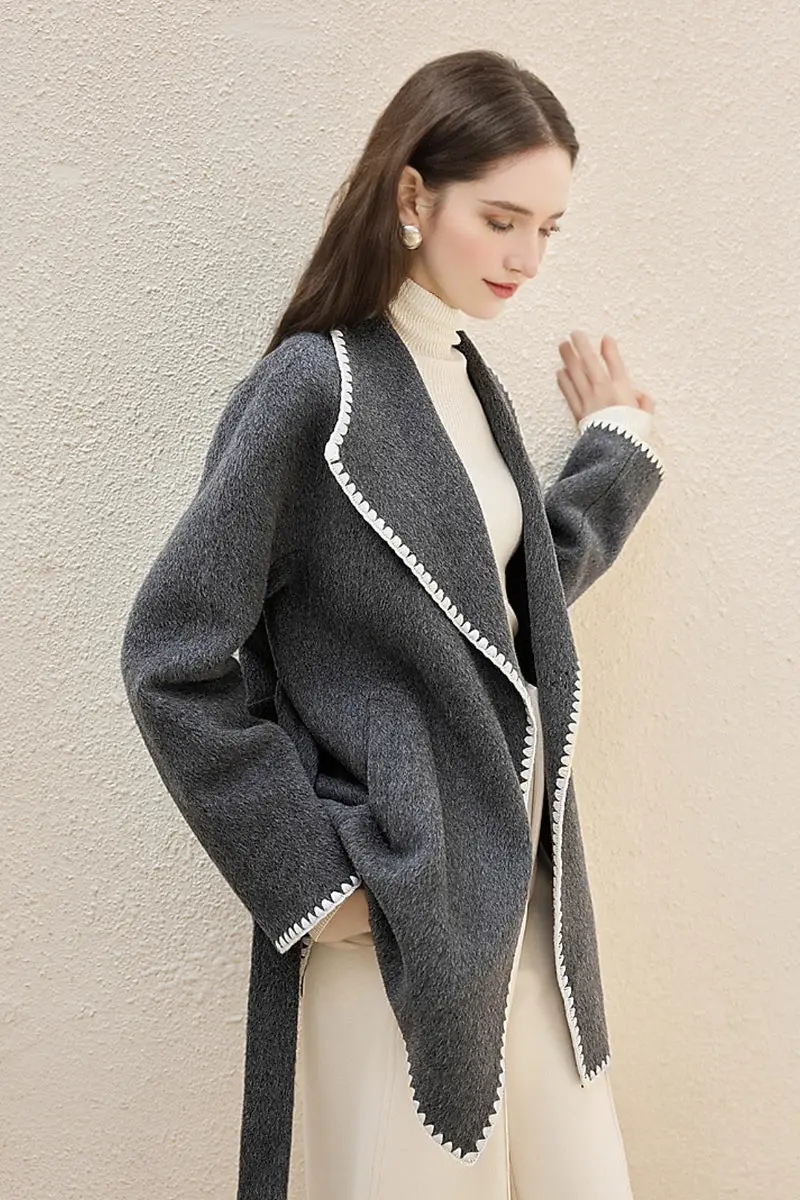 Oversized Wool Belted Wrap Coat With White Contrasting Stitch - MIAOOOO