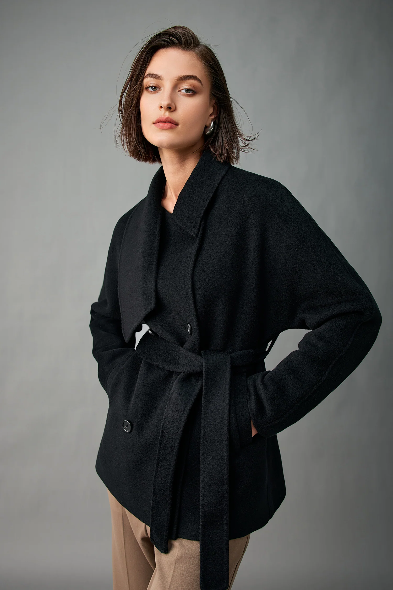 Handcrafted Cashmere Double-Breasted Short Belted Coat - MIAOOOO