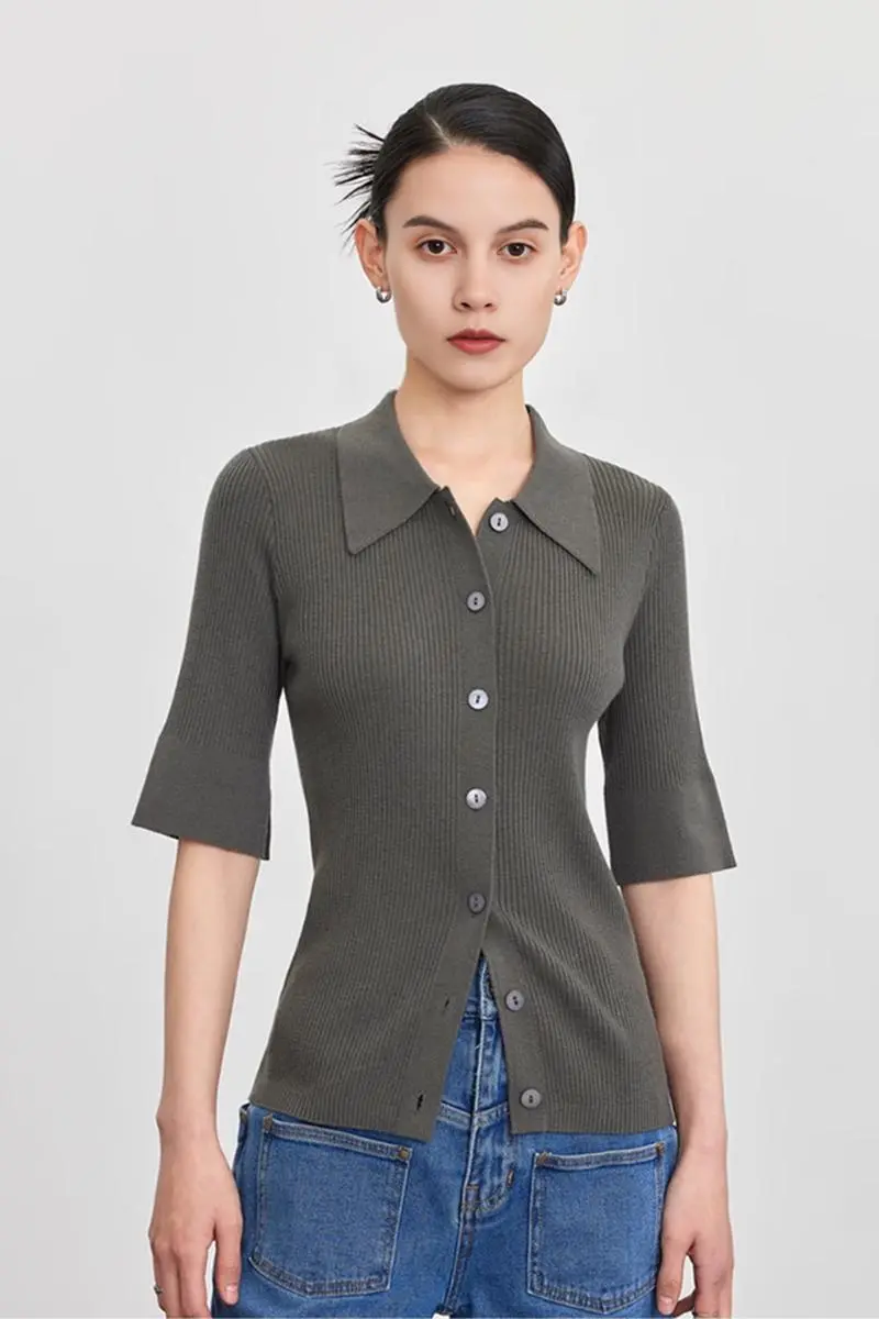 Washable Wool Blend Rib Knit Elbow Sleeve Polo Cardigan - MIAOOOO