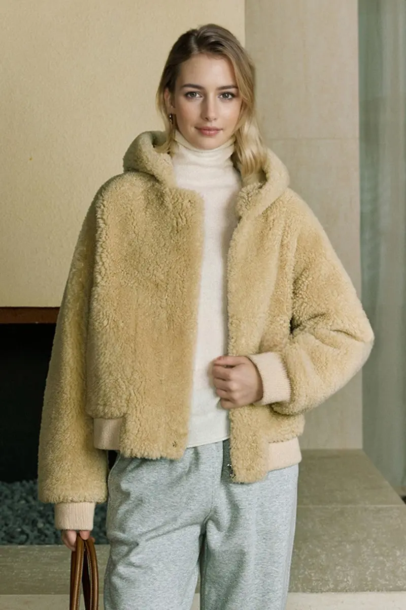 Pure Spain Merino Sheepskin Shearling Bomber Jacket with Hood - MIAOOOO