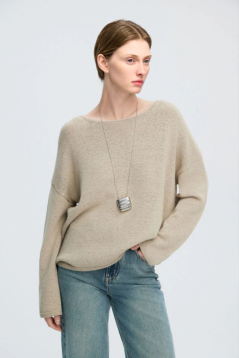 Oversized Linen-Cotton Knit Long-Sleeve Drop-Shoulder T-Shirt - MIAOOOO