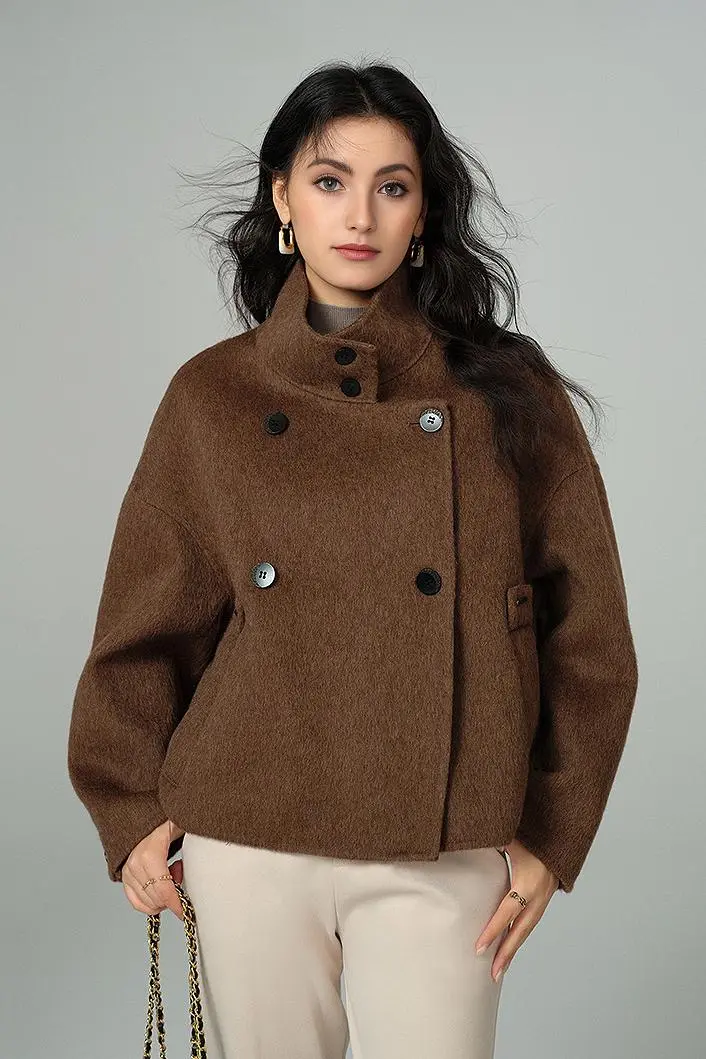 Cropped Funnel Neck Wool Coat - MIAOOOO