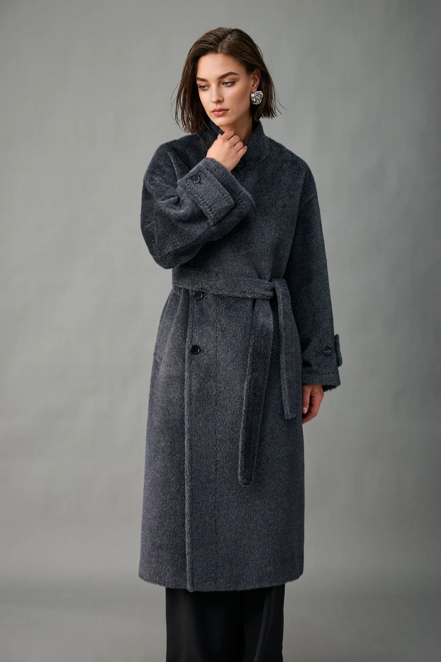 Royal Baby Suri Alpaca Wool Stand Collar Belted Wrap Coat - MIAOOOO