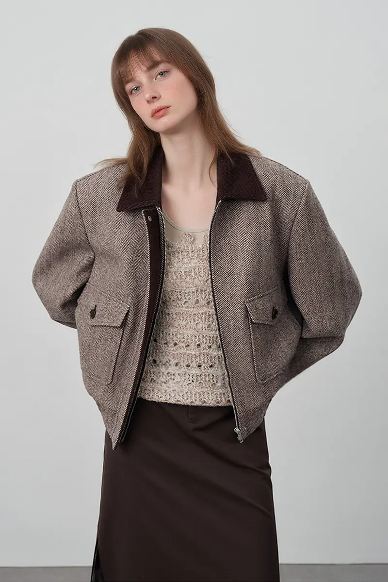 Herringbone Cropped Wool Tweed Bomber Jacket - MIAOOOO