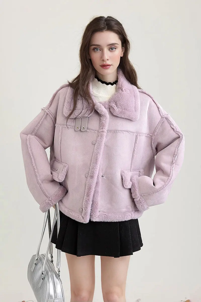 Reconstructed Faux Shearling Aviator Jacket with Fur Trim - MIAOOOO