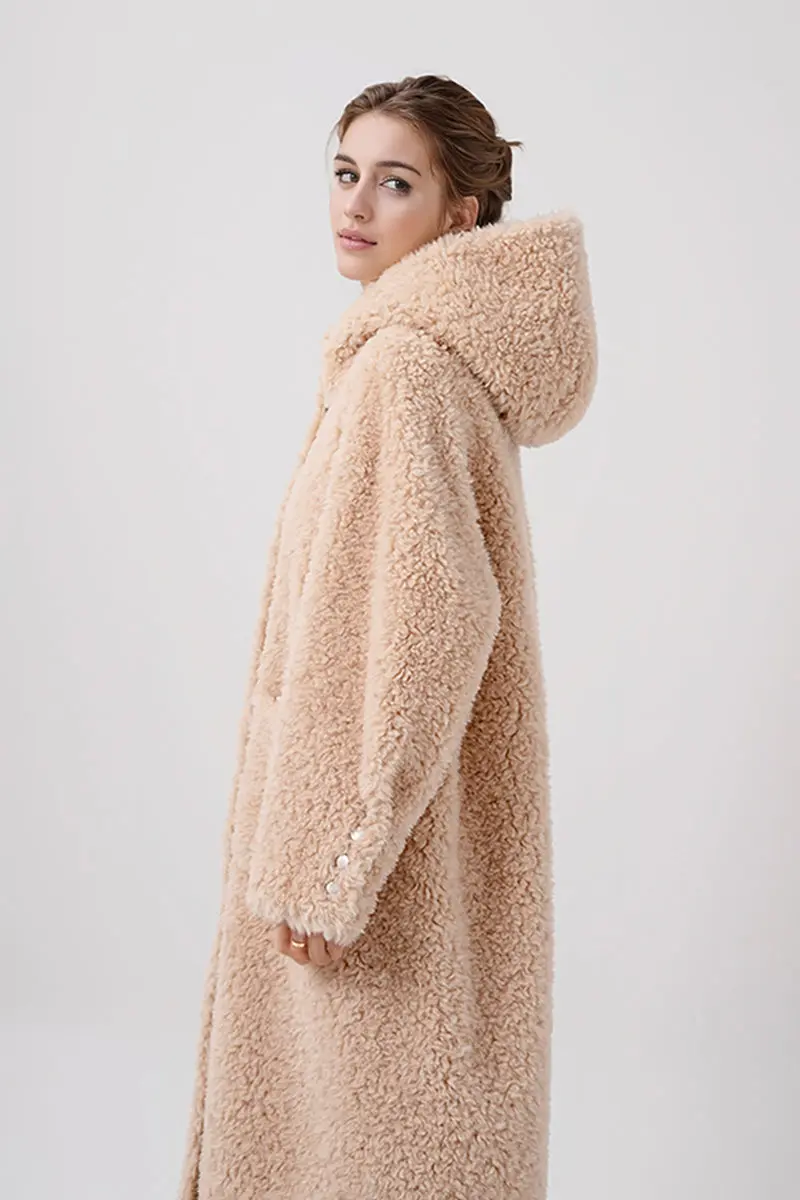 Long Faux Shearling Hooded Teddy Wool Coat - MIAOOOO