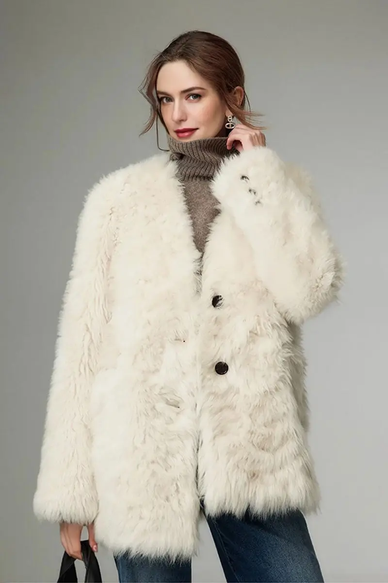 Mid-length Collarless V Neck Toscana Shearling Coat - MIAOOOO