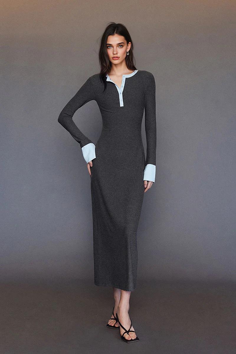 Long Sleeve Ribbed Bodycon Maxi Dress with Contrast Trim - MIAOOOO