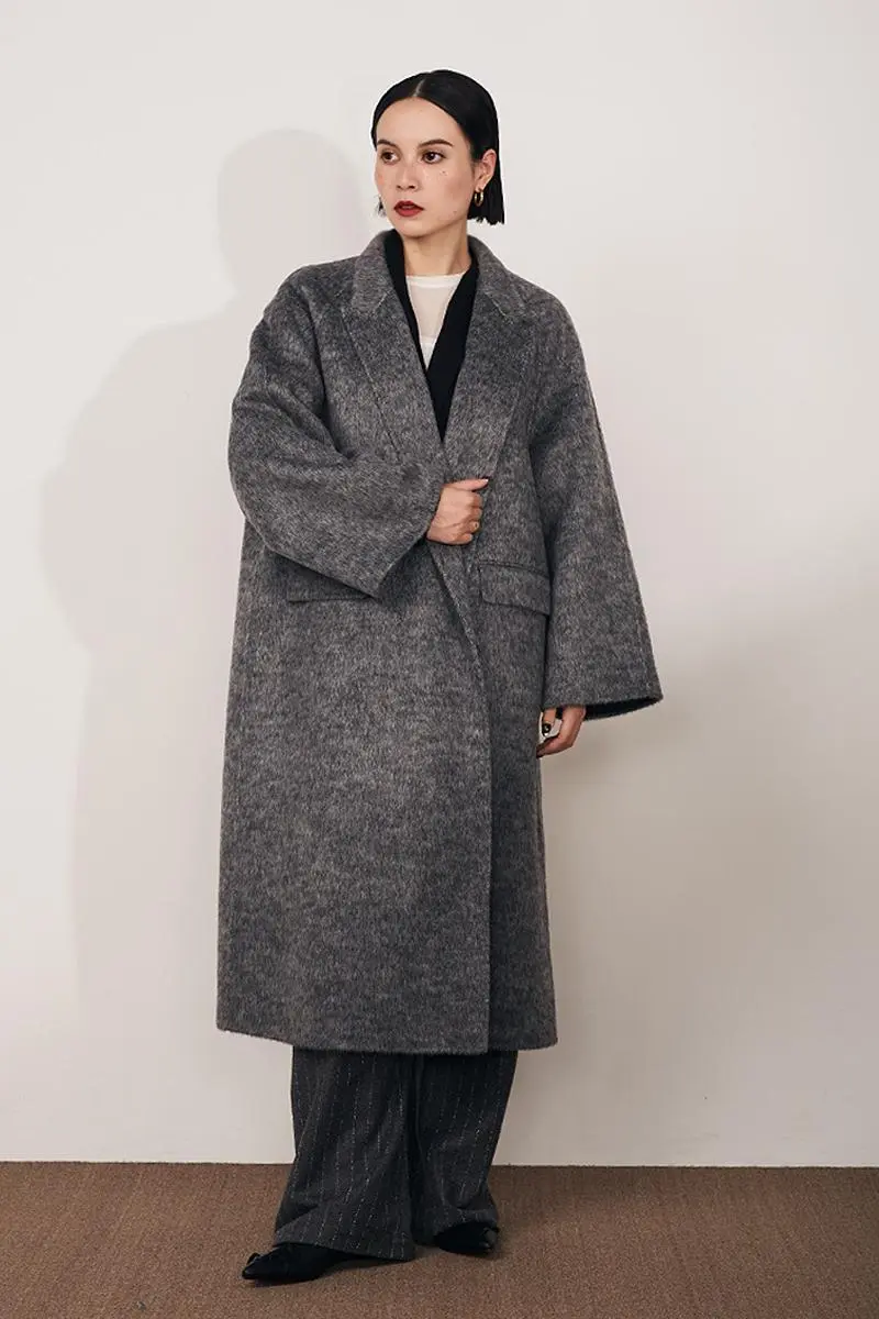Long Wool Silk Blend Wrap Coat with Notched Lapel - MIAOOOO