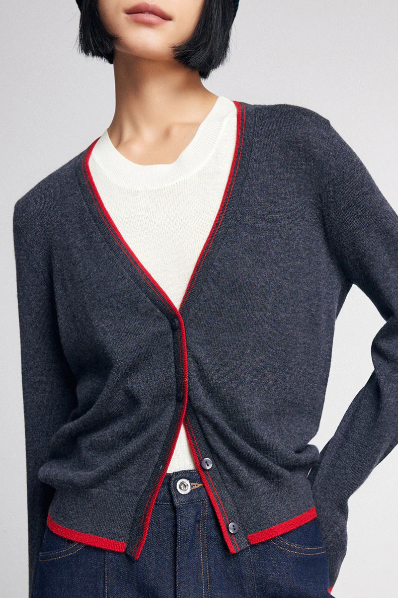 Classic Fine Knit V-Neck Button-Up Wool Cardigan with Contrast Trim - MIAOOOO