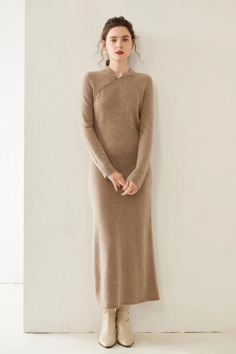 100 Cashmere Midi Sweater Dress with Mandarin-inspired Collar - MIAOOOO