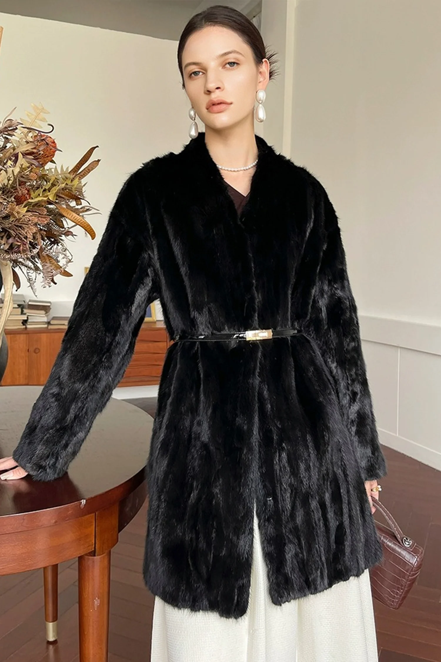 Superior Mink Fur Collarless Mid-Length Coat in Black - MIAOOOO