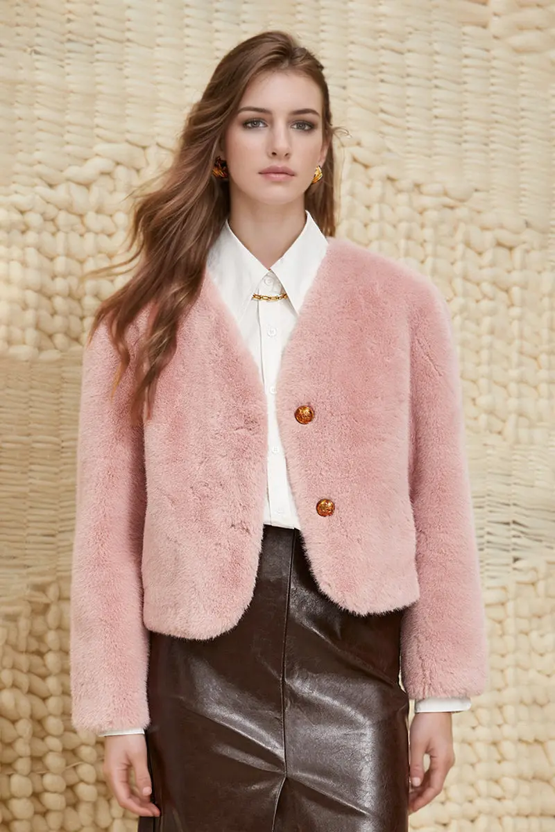 Cropped V-Neck Faux Fur Jacket - MIAOOOO