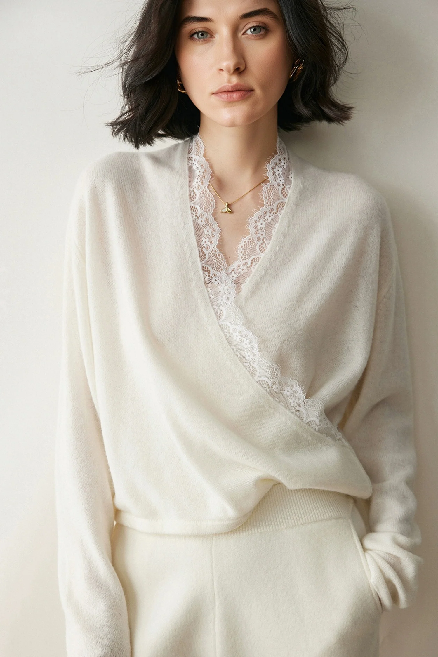 Could-Soft Cashmere-Merino Lace Trim Wrap Sweater - MIAOOOO