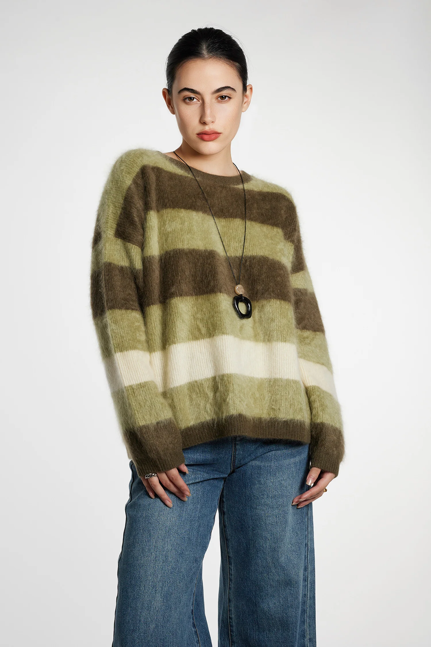 Fuzzy Brushed Cashmere Striped Pullover Sweater - MIAOOOO
