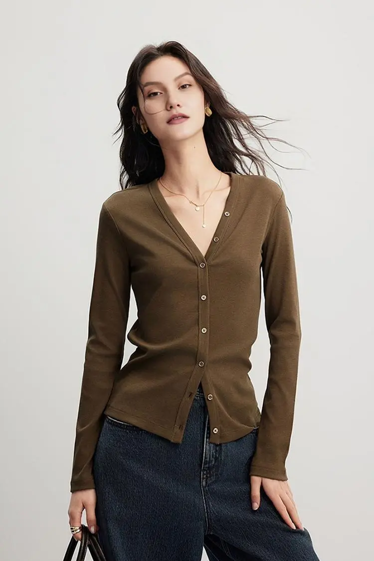 V Neck Slim Fit Rib Knit Long Sleeve Shirt - MIAOOOO