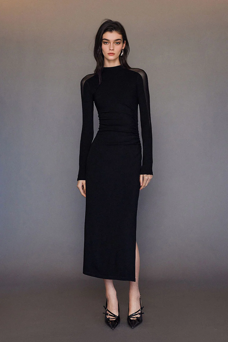 Black Bodycon Maxi Dress with Mesh Sleeve - MIAOOOO