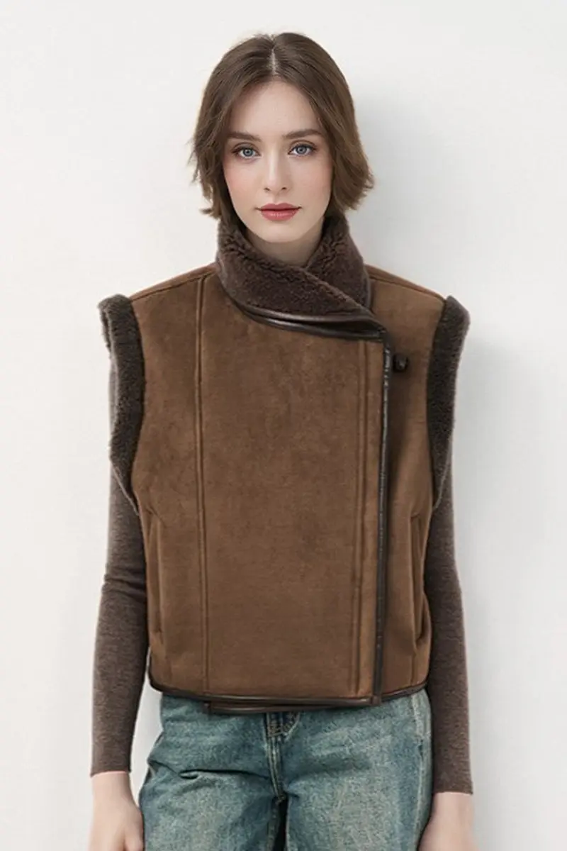 Brown Suede Shearling Aviator Vest - MIAOOOO