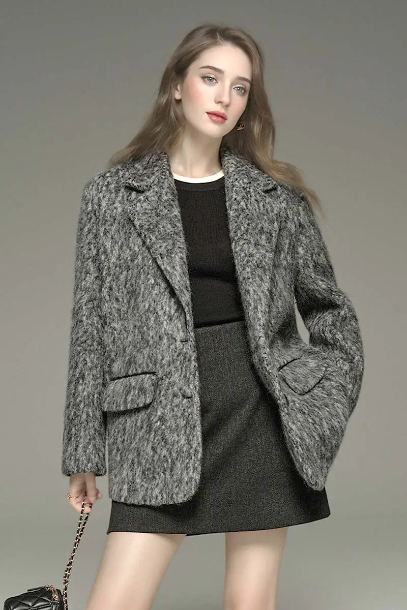 Oversized Fluffy Boyfirend Blazer in Brushed Wool Mohair - MIAOOOO