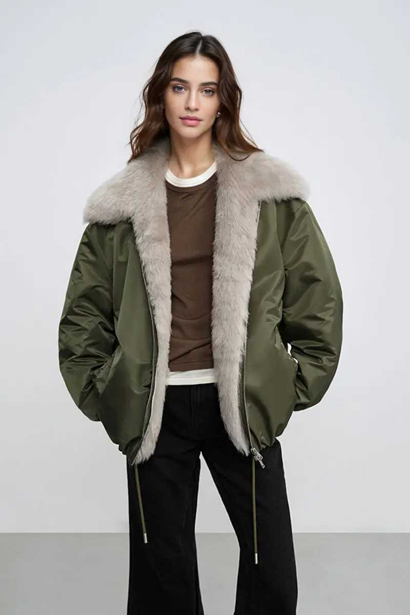 Oversized Water Repellent Bomber Puffer Coat with Toscana Shearling Collar - MIAOOOO