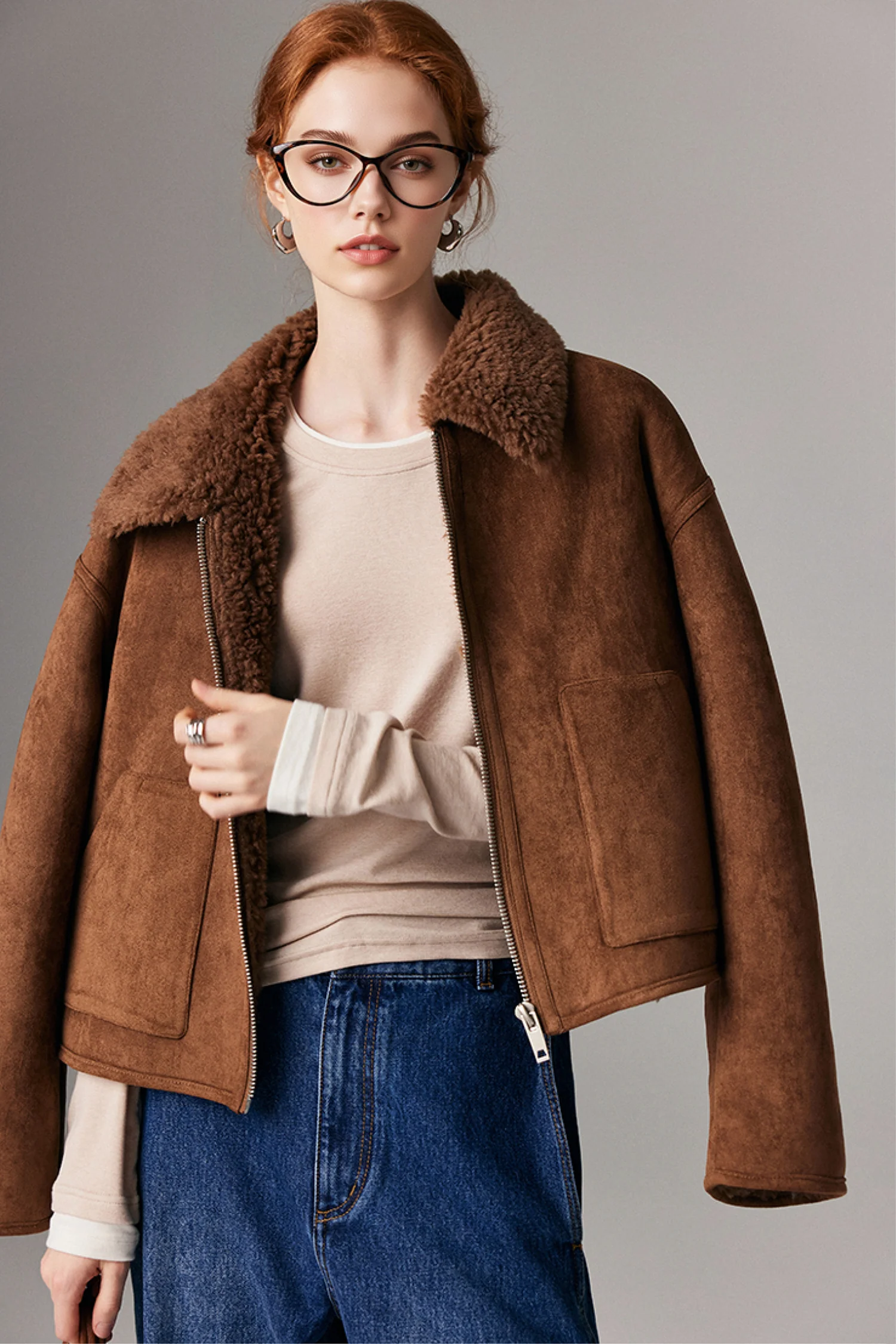 Faux Suede Shearling Crop Zip-Up Jacket - MIAOOOO
