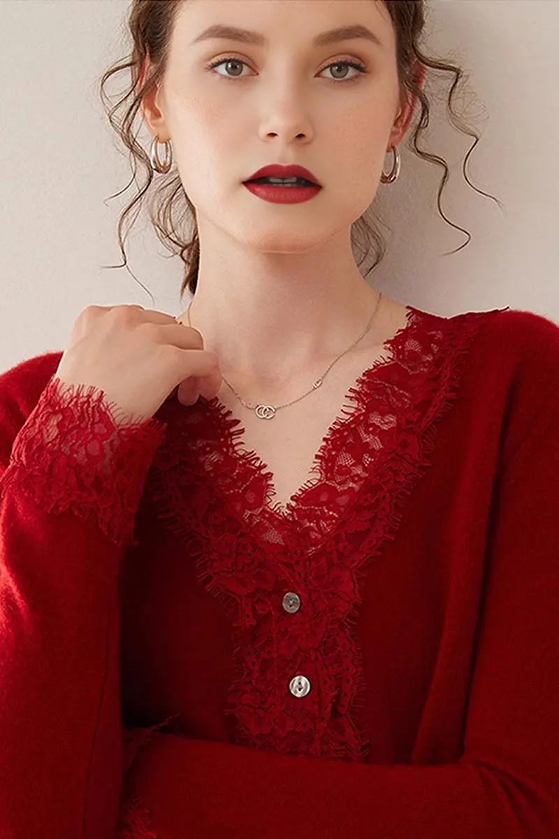 100 Cashmere V-Neck Cardigan with Lace Trim - MIAOOOO