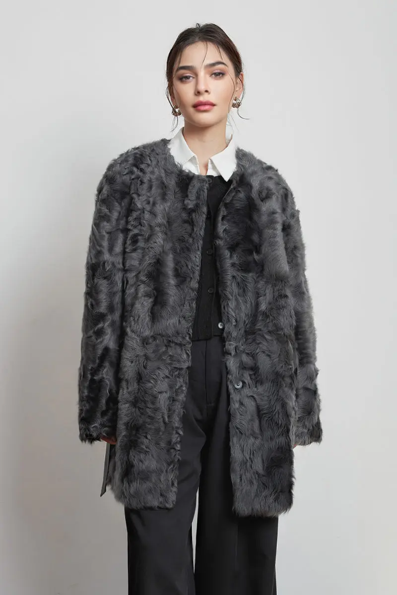 Shearling-inspired Collarless Mid-Length Wool Coat with Leather Belt - MIAOOOO