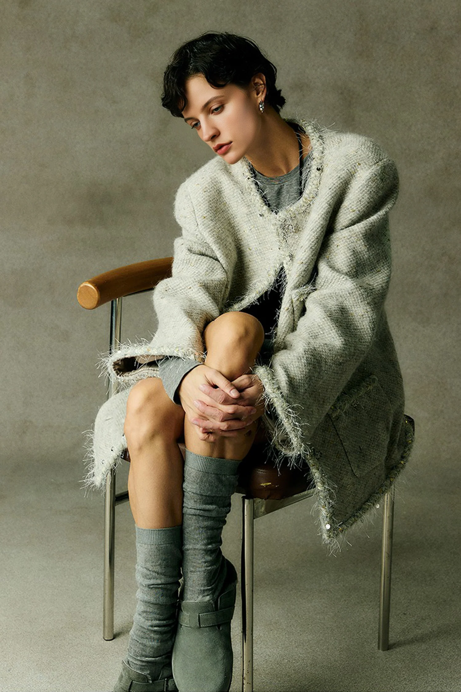 Oversized Wool Metallic Tweed Jacket with Braided Trim - MIAOOOO