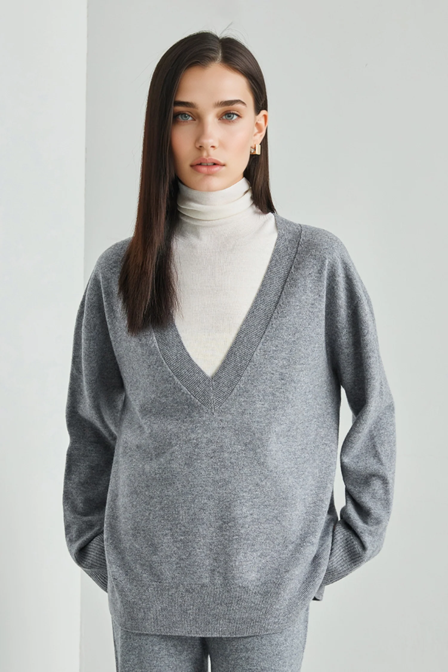 Oversized Merino Wool Seamless Deep V-Neck Sweater - MIAOOOO