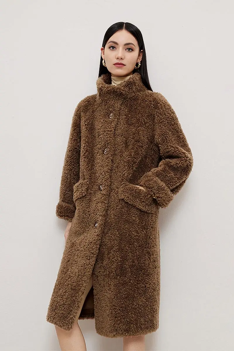Genuine Shearling & Faux Suede Long Coat with Stand Collar - MIAOOOO