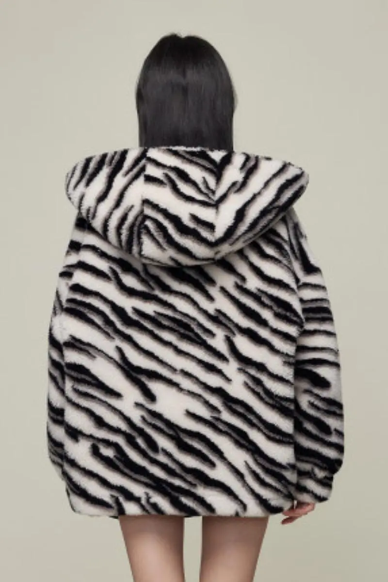 Oversized Zebra Print Genuine Wool Shearling Jacket with Hood - MIAOOOO