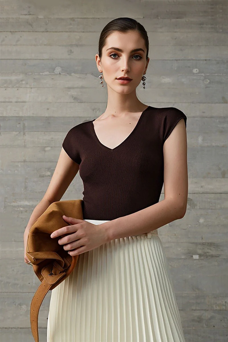 Casual Wool-Acetate Blend Slim-Fit V-Neck Cap-Sleeve Knit T Shirt - MIAOOOO