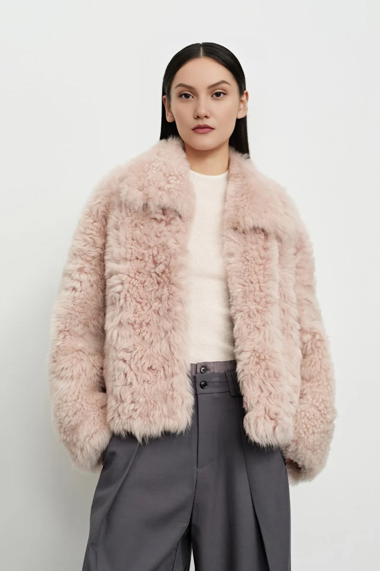 Cropped Toscana Shearling Sheepskin Jacket With Oversized Collar - MIAOOOO