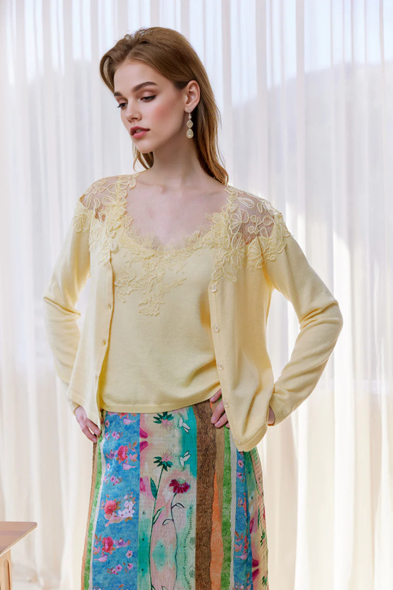 Soft Embroidered V-Neck Lace Cardigan - MIAOOOO