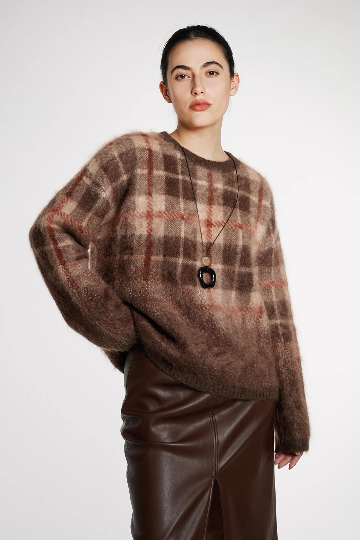 Fuzzy Brushed Cashmere Plaid Pullover Sweater - MIAOOOO